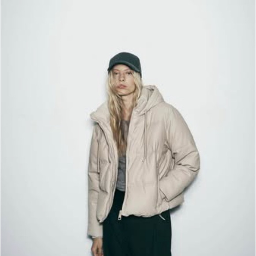 Zara wind protection faux leather puffer jacket size small beige
